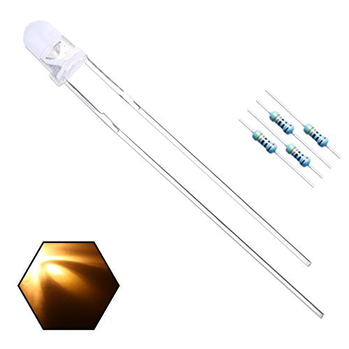 100pcs 3mm Warm White Lights LED Diodes Clear Round Lens 29mm Long Lead (DC 3V) +100pcs Resistors (for DC 6-12V) Included, Bright Bulb Lamps Light Emitting Diode - color: [04] Warm White / 100pcs, style: [A] 3mm Constant Light