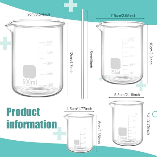 Jetec 5 Pieces Glass Beaker Set Lab Beaker with Stirring Rod, 4 Sizes of 50/100/250/500 ml Thick Borosilicate Glass Beakers for Back to School Science Lab Chemistry Supplies