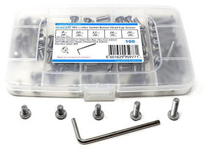 iexcell 100 Pcs M5 x 8/10/12/16/20 Stainless Steel 304 Hex Socket Button Head Cap Screws Bolts Assortment Kit - size: M5 x 8/10/12/16/20mm