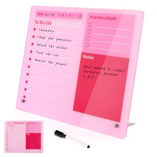 Pink Acrylic Dry Erase Board 12x10 inch, Thickened Desktop to Do List Planner Board with Stand and Markers, Frameless Tabletop Pink Dry Erase White Board Daily Task Organizer for Office Home School - color: Pink