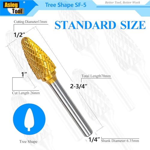 SF-5 5pcs Tungsten Carbide Burr TiN Rotary File Tree Shape Radius End Shape Double Cut for Die Grinder Drill Bits 1/4'' Inch Diameter of Shank and 1/2'' Diameter of Cutter 1'' Inch Cutter Length - style: 5pcs SF-5 TIN