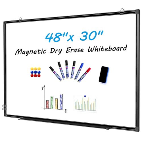 H-Qprobd 48"x30" Magnetic White Board Dry Erase Wall Mount Whiteboard - Office Home Classrooms White Board Hanging Writing Board with Black Aluminum Frame - size: 48"W x 30"H