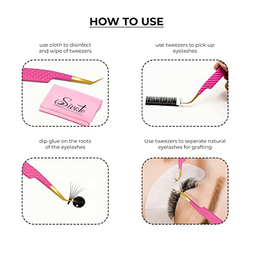 Fiber Tip Lash Tweezers Set of 4, Pink, Diamond Grip, Japanese Steel - color: Pink