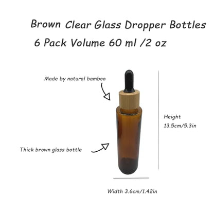 Brown Glass Dropper Bottles 60ml/2 oz 6 PACK,Essential Oil Bottles With Eye Dropper And Bamboo Lids Perfume Sample Vials Essence Liquid Cosmetic Containers - color: Brown clear, size: 60 ml