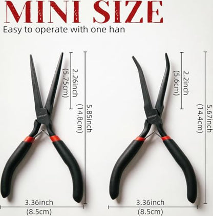 WISEUP 6" Mini Needle Nose Pliers Set，2pcs Small Long Reach Bent Pliers