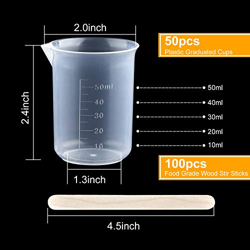 Coopay 50 Pack 50ml/1.7oz Plastic Beakers Epoxy Mixing Cups, Plastic Graduated Cups Clear Multipurpose Measuring Beaker with 100 Pack Wooden Stirring Sticks for Resin, Epoxy, Stain, Mixing - size: 50ml x 50pcs