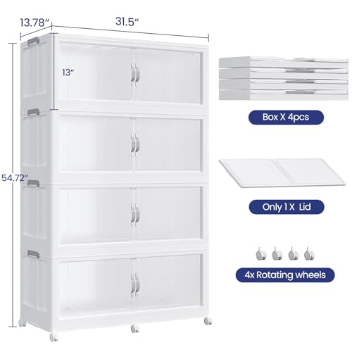 640QT Extra Large Stackable Storage Bins with Lid, 160Gal Plastic Closet Organizers and Storage Drawer, Collapsible Cabinet Box with Wheels Clear Doors for Home Kitchen Garage, 4Pack White - color: White, size: 160QT-4Pack