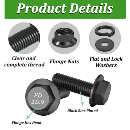 8 Set M10-1.5 x 30mm Flanged Hex Head Bolts,Flange Nuts,Flat & Lock Washers,10.9 Black Zinc Plated,Full Thread, Alloy Steel - color: Black-flange, size: M10-1.5 x 30mm(8 sets)
