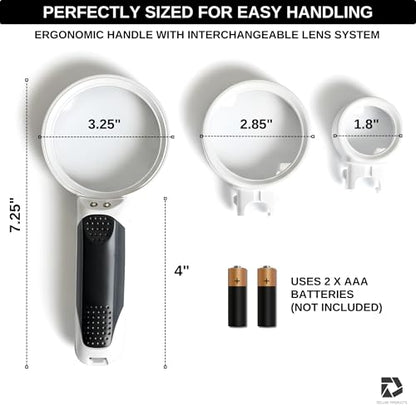 Lighted Magnifying Glass with 3 Interchangeable Lenses (2.5X, 6X, 16X) – Dual LED Handheld Magnifier for Reading Small Print, Books, Coins & Inspection – Ideal for Seniors & Low Vision - style: Interchangeable