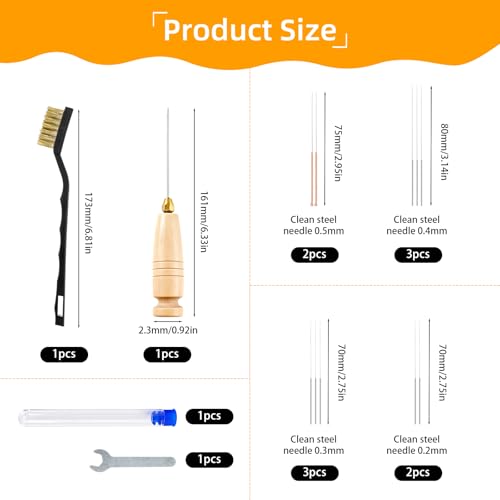 3D Printer Nozzle Maintenance Kit,3D Printer Nozzle Cleaning Kit Includes Handle Cleaning Needle,Diameter 1.6mm,10 Stainless Steel Nozzles Cleaning Needles with Storage Box,Copper Wire Brush & Wrench