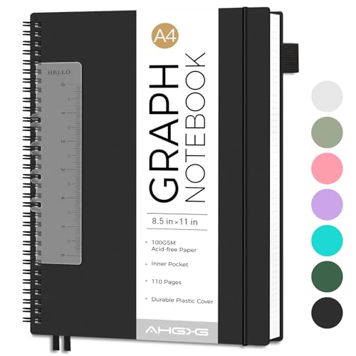 AHGXG Spiral Graph Paper Notebook, 110 Pages, A4 (8.5" x 11") - color: Black, style: A4-Graph