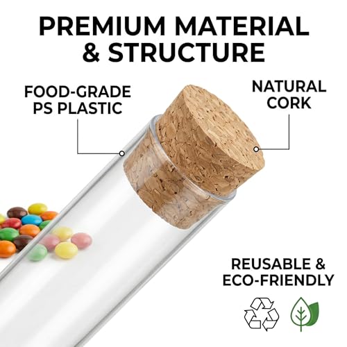 Plastic Test Tubes with Cork Stoppers, 60 PCS Clear 35 mL Test Tube Set, 0.8 x 5.9 in Round Bottom Tubes for Bath Salt, Candy, Beads, Powder, Party Favors and Lab Storage