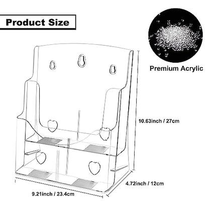 2 Pack Acrylic Brochure Holder 8.5 x 11, 2 Tier Brochure Display Stand with Removable Divider for 4 x 9 inches Trifold Pamphlets, acrylic flyer holder 8.5 x 11 Stands for Flyer, Pamphlet, Magazine