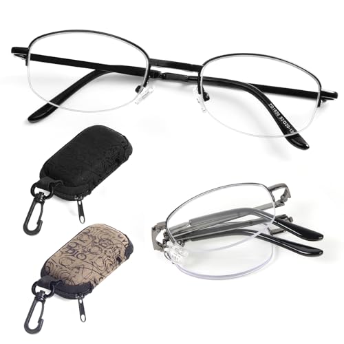 DXYXYO Folding Reading Glasses for Women 2 Pack Half Rim Pocket Metal - color: Black and Grey