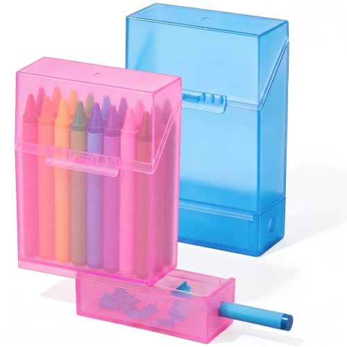 Clabby 2 Pcs 2 in 1 Plastic Crayon Box with Sharpener Holds 24, Pink,Blue - color: Pink,Blue