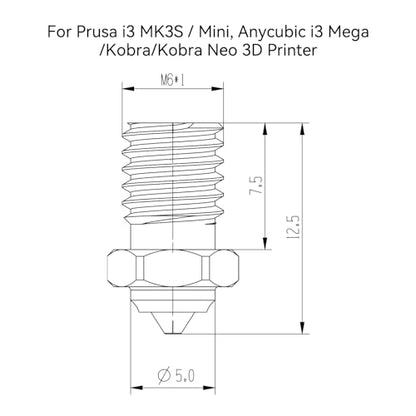 Tungsten Carbide Tip Bimetal V6 Hardened Steel Nozzle 0.6mm for Prusa i3 MK3S / Mini, i3 Mega/Kobra/Kobra Neo 3D Printer