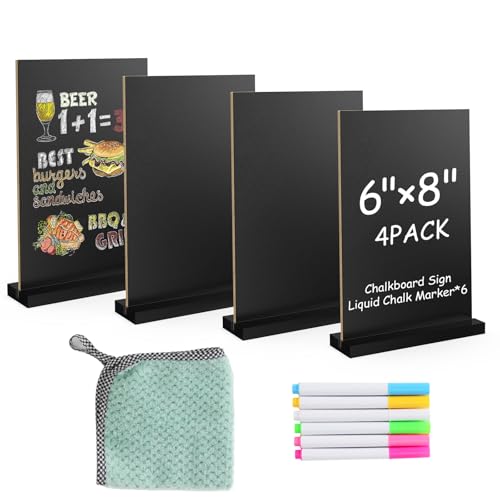 EHWINE Mini Chalkboard Easel Sign Set,4 Pack 6x8 Inch Wooden Boards with Acrylic Base and Liquid Chalk Markers, Reusable Double Sided Tabletop Display for Wedding, Restaurant, Party, Coffee Shop Decor - style: 4 Pack 6×8 Inch