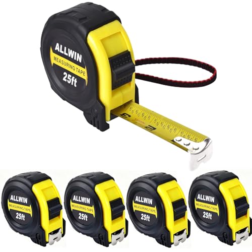 Tape Measure 25 Ft - 5 Pack Bulk Metal Retractable Tape Measure with Fractions, Easy Read, 1-inch Wide X 25 Foot