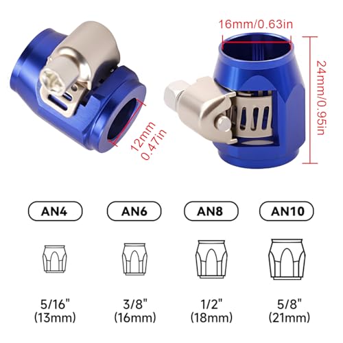 Aluminum Hose End Finisher Clamp, Universal Fit, Red Chrome Finish, 4pcs Set for Stainless Steel and Rubber Hoses, Model (Blue, 6AN) - color: Blue, size: 6AN