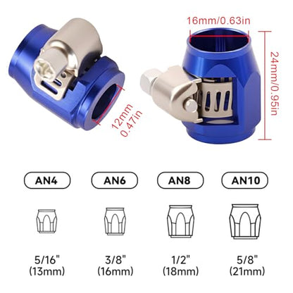 Aluminum Hose End Finisher Clamp, Universal Fit, Red Chrome Finish, 4pcs Set for Stainless Steel and Rubber Hoses, Model (Blue, 6AN) - color: Blue, size: 6AN