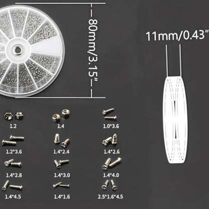 600pcs 12 Kinds of Small Screws Nuts Assortment Kit M1 M1.2 M1.4 M1.6 for Watches Glassess