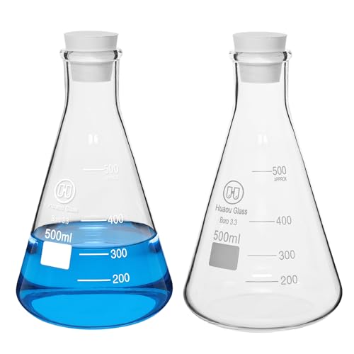 2pcs 500ml Glass Erlenmeyer Flask Sets with Rubber Stopper Laboratory Flask 3.3 Borosilicate Glass, Narrow Mouth, Printed Graduation, Lab Chemistry Conical Flask - size: 500ml-2pcs