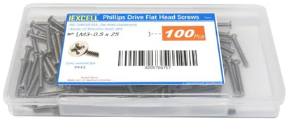 iexcell 100 Pcs M3 x 25mm Thread Pitch 0.5 mm Stainless Steel 304 Phillips Drive Flat Head Countersunk Screws Bolts, Bright Finish - size: M3 x 25mm