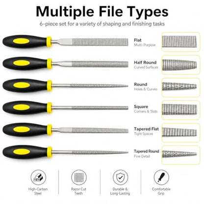 6pcs 140mm Mini Metal Rasp Needle Files Set, Wood Carving & Steel Filing Hand Tool for Woodworking