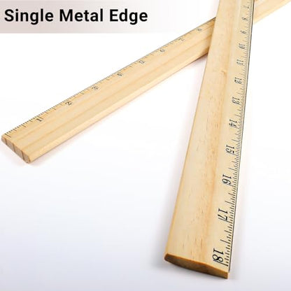 Tellegloww 12 Packs Wooden Rulers 18 Inch with Single Metal Side Bulk Inches Centimeter Metric Measuring Rulers for Students School Office Supplies