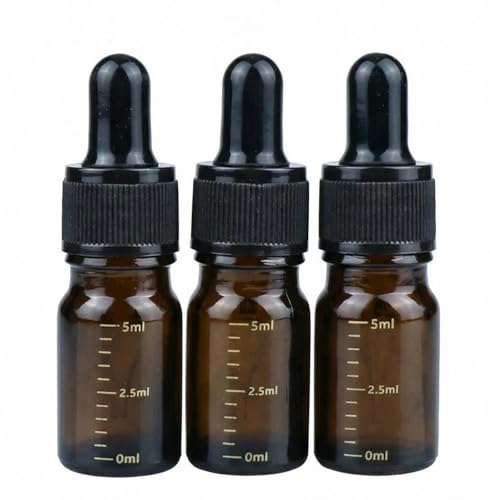 ericotry 3 Pcs 5ml 0.17oz Empty Refillable Amber Glass Graduated Dropper Bottle Essential Oil Cosmetics Elite Fluid Container Jar Pot Holder with Glass Pipette Dropper - size: 5 ml
