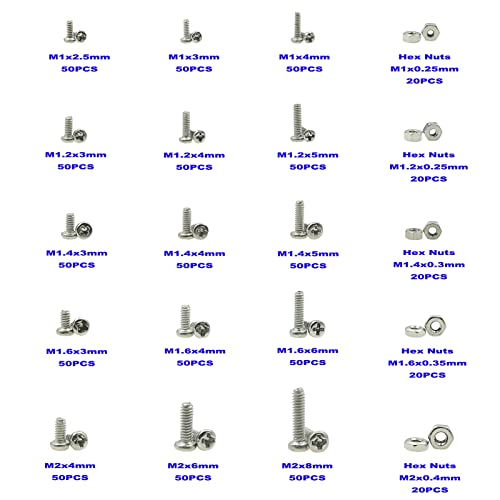 850PCS 304 SS Metric M1-M2 Micro Pan Head Machine Screws Nuts Kit - size: M1, M1.2, M1.4, M1.6, M2