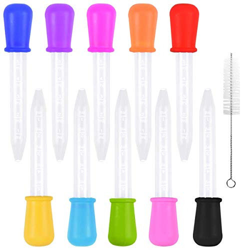 10 Pcs Liquid Droppers Pipettes with 1 Cleaning Brush, 5ML Silicone and Plastic Eyedropper Transfer Pipette with Scale for Children Kids Medicine Science Candy Gummy Molds Crafts (Multicolour)