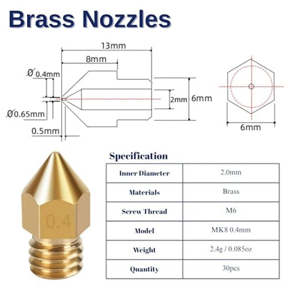 MK8 Brass 3D Printer Nozzle Kit, 0.4mm, 30 Pack
