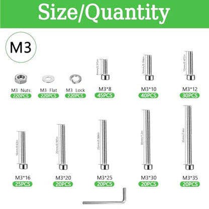 880Pcs M3 Screws Assortment, Hex Socket Head Cap Screw Bolts Nuts Washer Kit, Stainless Steel,8-Sizes M3x8/10/12/16/20/25/30/35mm Screws for 3D Printer DIY - size: M3 x 8/10/12/16/20/25/30/35-880Pcs