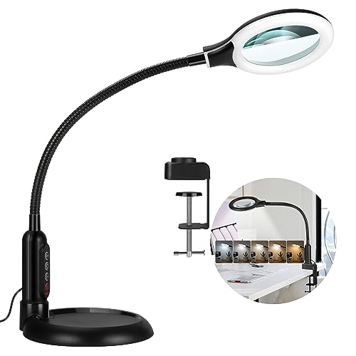 10X Magnifying Glass with Light and Clamp, 5 Color Modes Stepless Dimmable Lighted Magnifier with Stand, Flexible Gooseneck LED Desk Lamp Hands Free for Craft Reading Painting Hobby Close Work - color: Black, size: 10X