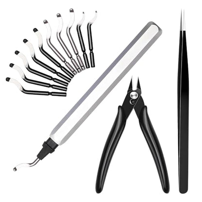 13pcs Deburring Tool with 10 High Speed Steel Blades, Deburring Tool 3D Printing with Micro Cutter Tweezers Deburrin Tool Set for Resin Plastic Metal
