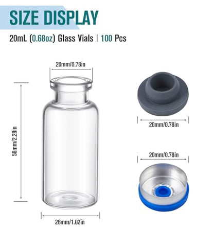 FOUR E'S SCIENTIFIC 20mL Glass Vials, 100 Pcs Lab Headspace Vial with Caps - size: 20mL