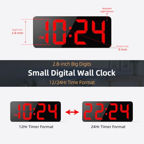 LED Digital Wall Clock with Large Display, Big Digits, Auto-Brightness, 12/24Hr Format, Modern Electric Small Silent Wall Clock for Living Room, Bedroom, Classroom, Farmhouse, Kitchen, Office - Red - color: Red
