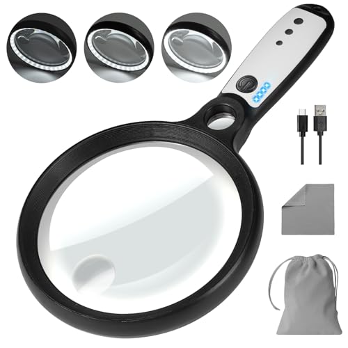 Large Magnifying Glass with 37 LED Light, 10X 20X 45X Handheld Illuminated - color: Black & White, size: Magnifier with Light (No Case)