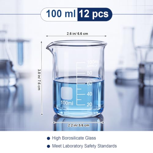Tellegloww 12 Pcs 100ml Glass Beaker Measuring Cups Borosilicate Beakers