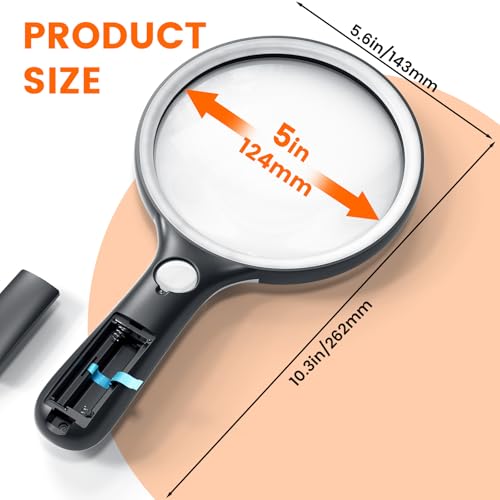 Magnifying Glass with Light Large 5" Lens, Handheld Illuminated Lighted Magnifier 24LED 1UV Light for Seniors, Reading, Coins, Jewelry, Close Work - color: Black