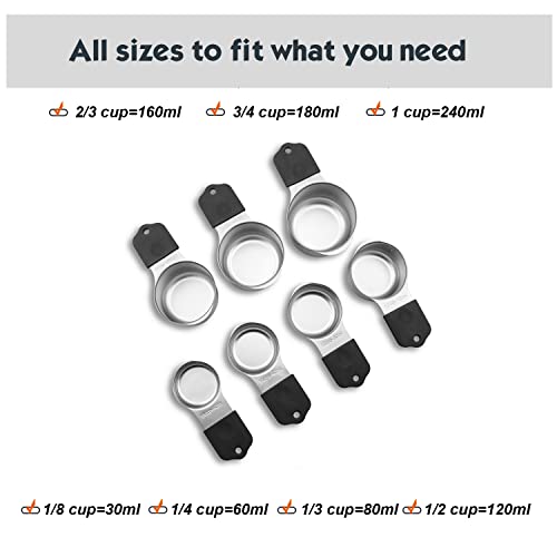 Magnetic Measuring Cups Set, 7 Pieces 18/8 Stainless Steel Stackable Nesting Heavy Duty Metal Measure Cups, Silicone Handle kitchen Tools for Dry and Liquid Ingredients, Dishwasher Safe (Black） - color: Black-7