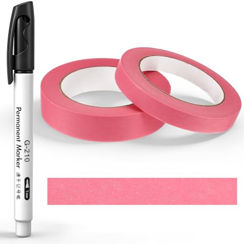 2 Kitchen Freezer Labeling Tapes & 1 Marker Pen, 0.47 x 54 yd Narrow Roll & 0.95 x 54 yd Wide Roll Waterproof Low Temperature Freezer Marking Tape for Glass Bottle Storage Container(Pink)