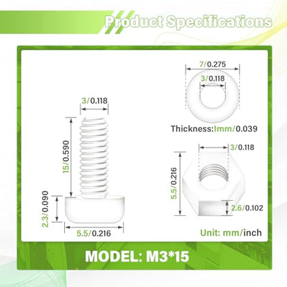 300 Pieces/100 Sets 15mm M3x15 mm Nylon White Screw Nut Washer Kit - size: M3*15 mm, style: White Phillips Head Screws