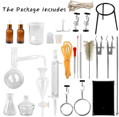 Home Distiller Distilling to Making Your Own Essential Oil, Moonshine, 3.3 Boro Alcohol Distiller Chemistry Lab Glassware Kit,Glass Distilling,Distillation Apparatus 15pcs Set, 500 ML