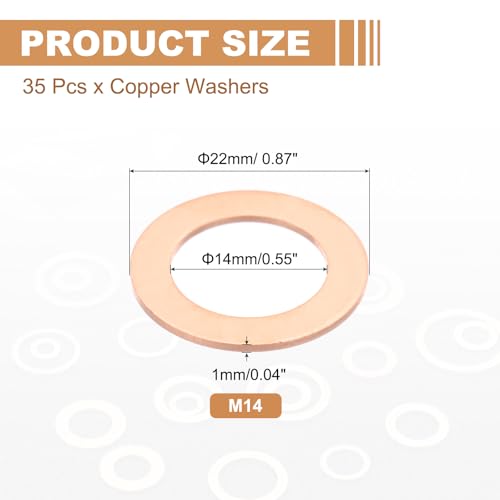 PATIKIL 35PCS M14 Copper Washers, M14x22x1mm Copper Crush Washer Metric Flat Washers Sealing Washers Assortment Kit Oil Drain Plug Gasket Ring for Automotive Battery Vehicles Screws Bolt - size: M14x22x1mm