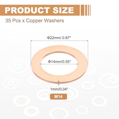 PATIKIL 35PCS M14 Copper Washers, M14x22x1mm Copper Crush Washer Metric Flat Washers Sealing Washers Assortment Kit Oil Drain Plug Gasket Ring for Automotive Battery Vehicles Screws Bolt - size: M14x22x1mm