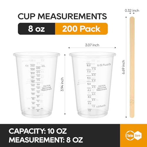 Turbo Bee Plastic Measuring Cups 8OZ,200 PACK Disposable Mixing Cups with 200 Mixing Sticks,Paint Graduated Measuring Tumblers for Epoxy Resin, Paint Mixing, Art DIY - size: 8oz-200pack