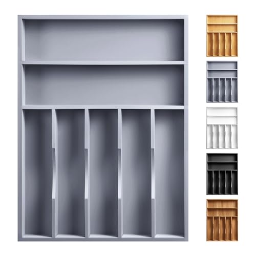 Kitchen Bamboo Silverware Organizer, Kitchen Drawer Organizer - Utensil Holder and Cutlery Tray with Grooved Drawer Dividers for Flatware 7 Slot, Grey - color: Grey, size: 7 Slots