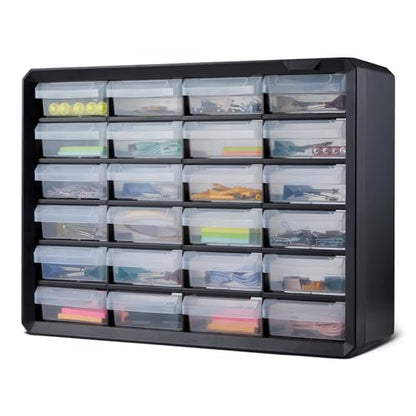 Amazon Basics 24-Drawer Plastic Storage Organizer with Dividers for Office/Craft/Tools, Wall Mountable, Sturdy, 6.3 x 21.3 x 15.8 inch, Black